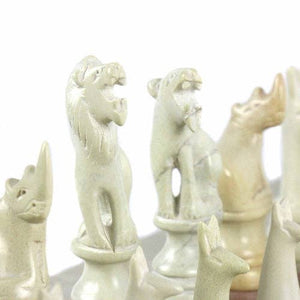Soapstone Chess with wooden board - Safari Animal Pink and White