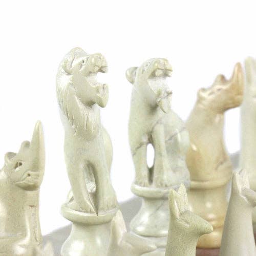 Soapstone Chess with wooden board - Safari Animal Pink and White