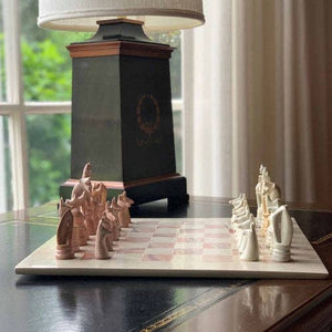 Soapstone Chess with wooden board - Safari Animal Pink and White