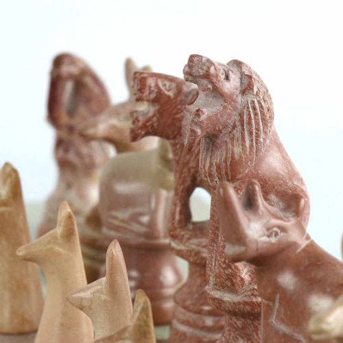 Soapstone Chess with wooden board - Safari Animal Pink and White