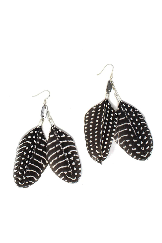 Guinea Fowl Feather and Chain Earrings