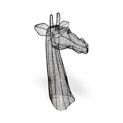 Giraffe head sculpture made of black black wire 