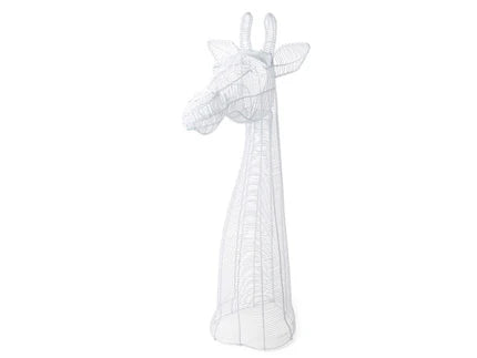 Giraffe head sculpture made of white wire 