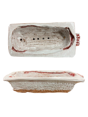 White Rectangle Planter with Red Accents w/ Cacti