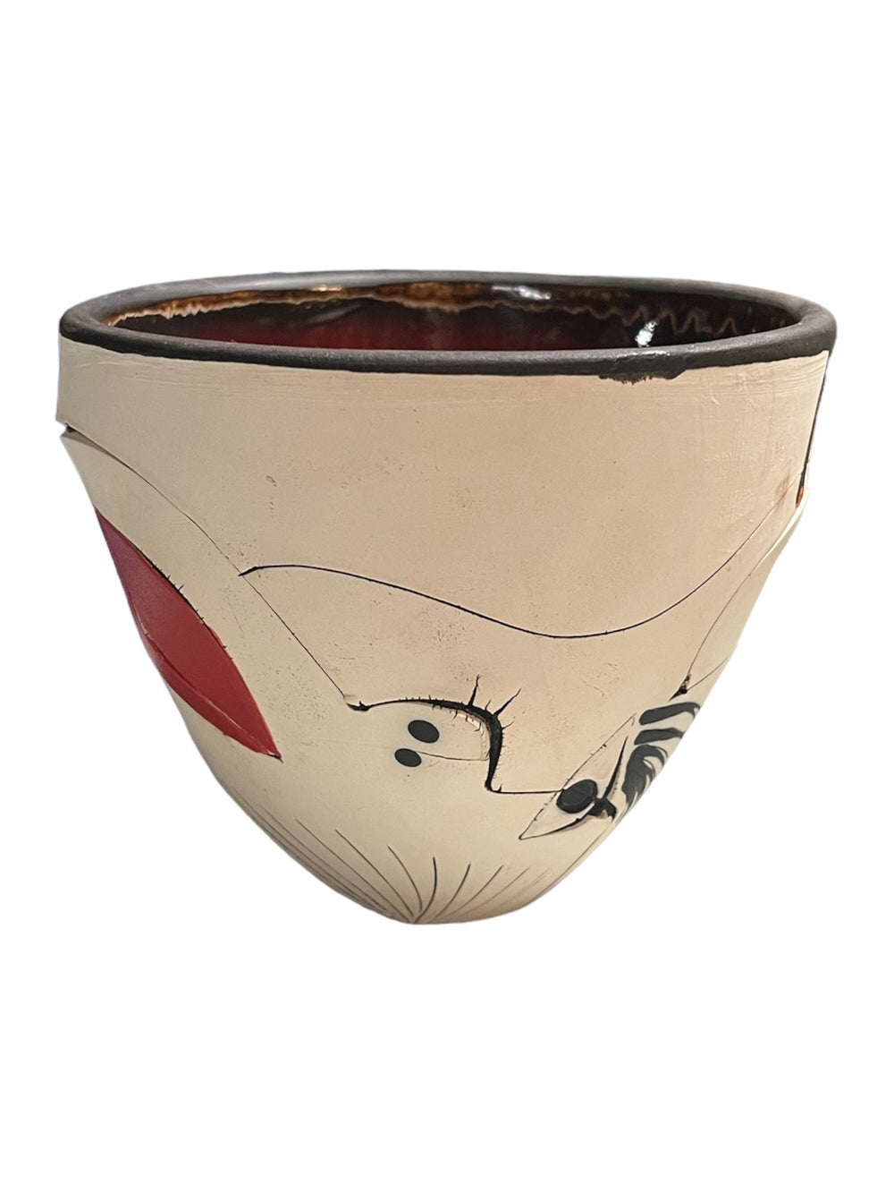 Abstract Face Scarified Fat Conical Vase.  H4.75"XW5.5"X5.5"