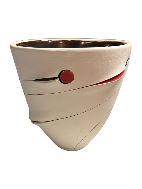 Red Dot Scarified Fat Conical Vase   H6.75"XW6.75"D6.75"