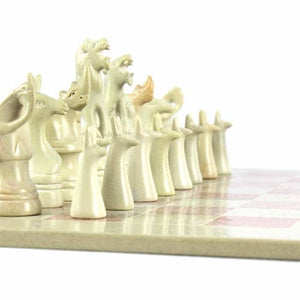 Soapstone Chess with wooden board - Safari Animal Pink and White