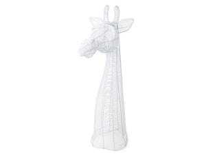 A small white wire sculpture of a giraffe standing upright.