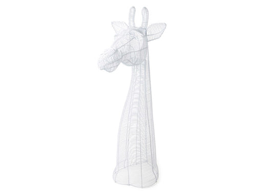 A small white wire sculpture of a giraffe standing upright.